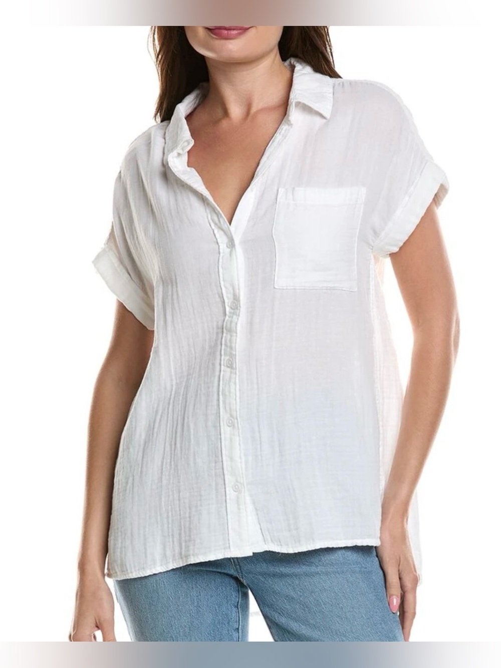 Lola River|White Cotton Gauze Button-Up Shirt,short sleeve with collar•••Med